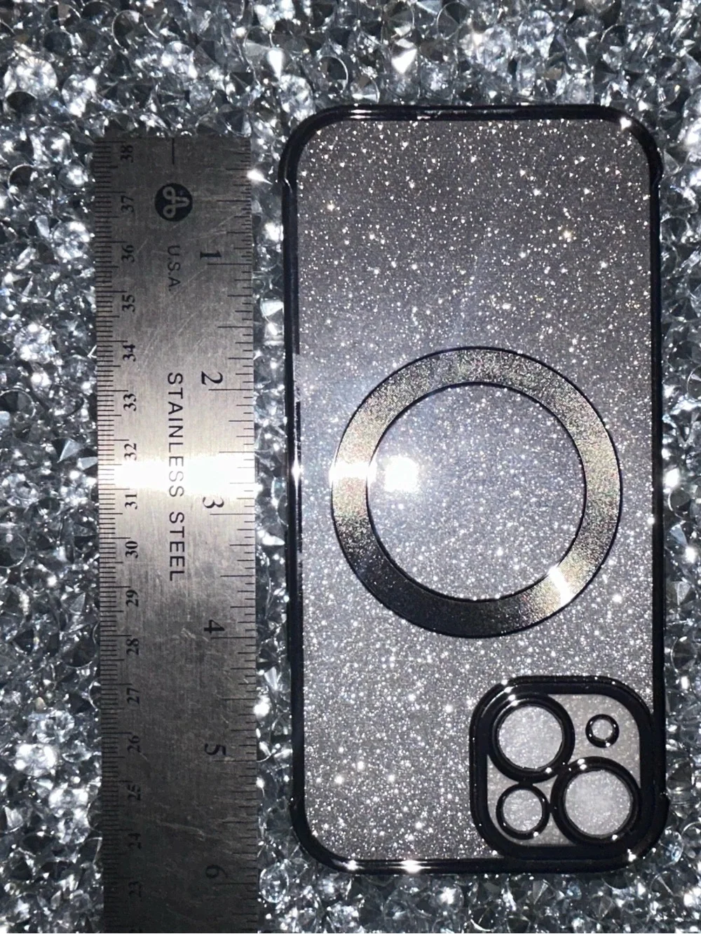 Glitter Silver Magnetic Ring iPhone Case - Clear Black Trim